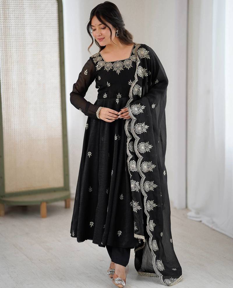 Black Color Embroidery Sequence Work Crunchy Silk Gown Set