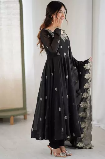Black Color Embroidery Sequence Work Crunchy Silk Gown Set