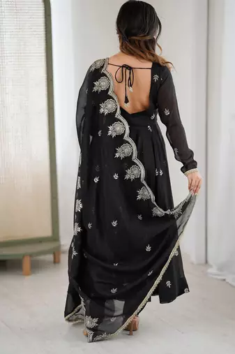 Black Color Embroidery Sequence Work Crunchy Silk Gown Set