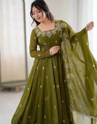 Olive Color Embroidery Sequence Work Crunchy Silk Gown Set 2