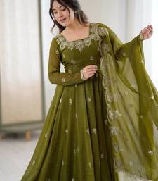 Olive Color Embroidery Sequence Work Crunchy Silk Gown Set