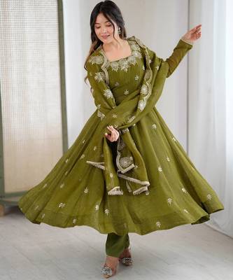 Olive Color Embroidery Sequence Work Crunchy Silk Gown Set 3