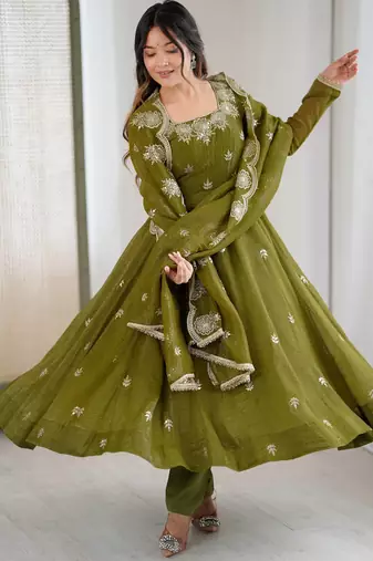 Olive Color Embroidery Sequence Work Crunchy Silk Gown Set