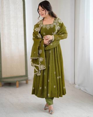 Olive Color Embroidery Sequence Work Crunchy Silk Gown Set 1