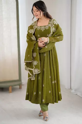 Olive Color Embroidery Sequence Work Crunchy Silk Gown Set