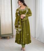 Olive Color Embroidery Sequence Work Crunchy Silk Gown Set