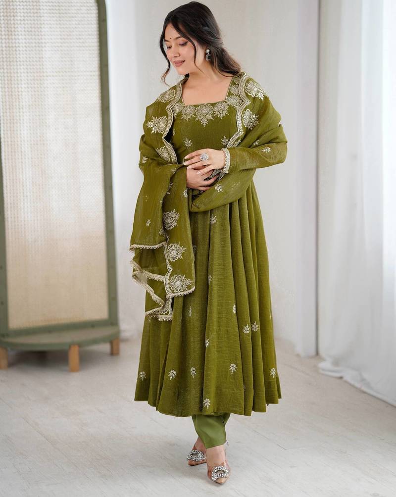 Olive Color Embroidery Sequence Work Crunchy Silk Gown Set