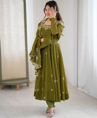 Olive Color Embroidery Sequence Work Crunchy Silk Gown Set 4