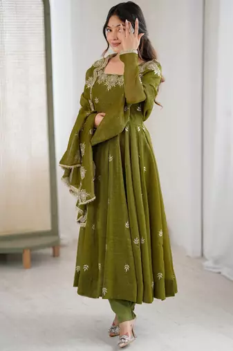 Olive Color Embroidery Sequence Work Crunchy Silk Gown Set