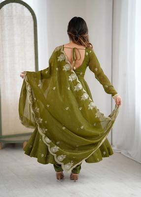 Olive Color Embroidery Sequence Work Crunchy Silk Gown Set 5