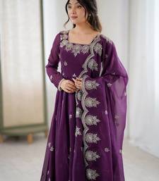 Purple Color Embroidery Sequence Work Crunchy Silk Gown Set