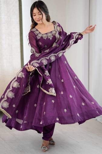 Purple Color Embroidery Sequence Work Crunchy Silk Gown Set