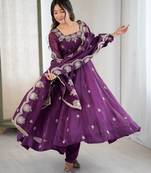 Purple Color Embroidery Sequence Work Crunchy Silk Gown Set