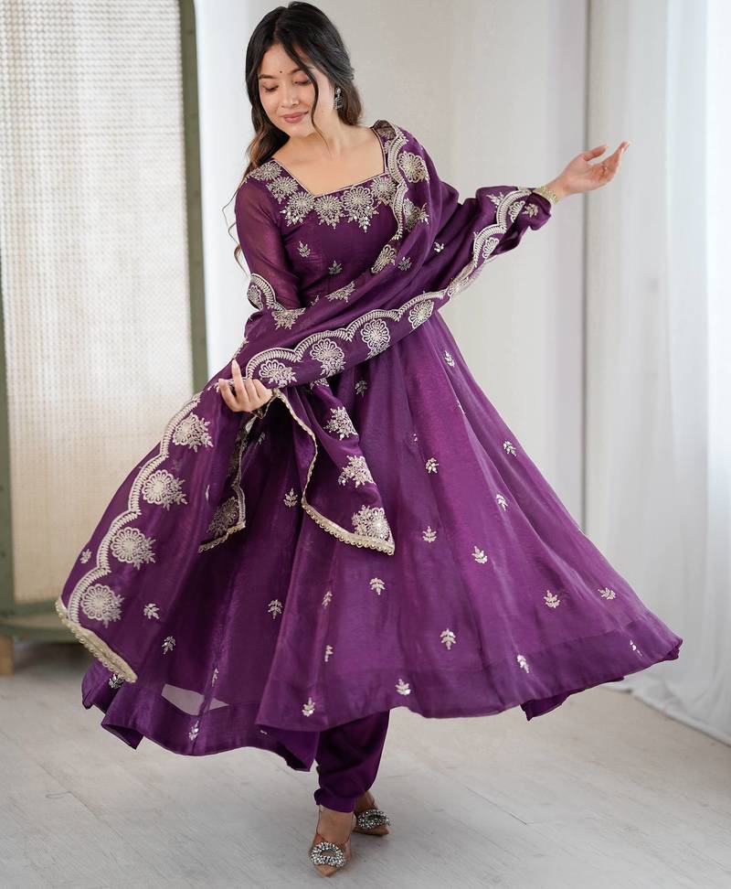 Purple Color Embroidery Sequence Work Crunchy Silk Gown Set