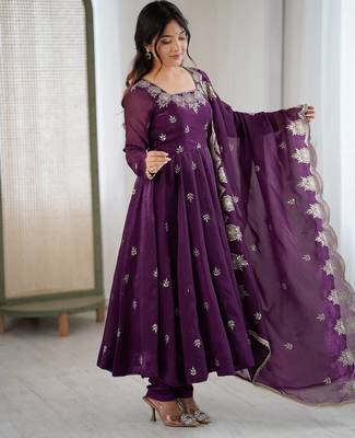 Purple Color Embroidery Sequence Work Crunchy Silk Gown Set 3