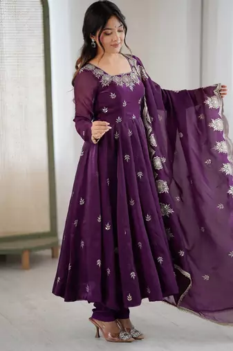 Purple Color Embroidery Sequence Work Crunchy Silk Gown Set