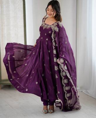 Purple Color Embroidery Sequence Work Crunchy Silk Gown Set 4