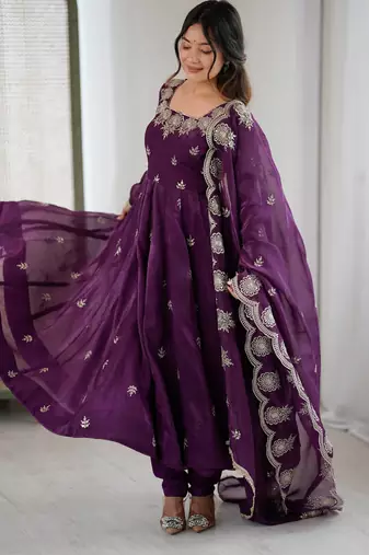 Purple Color Embroidery Sequence Work Crunchy Silk Gown Set