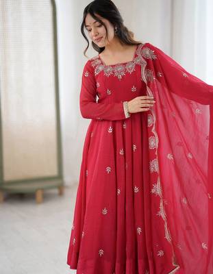 Red Color Embroidery Sequence Work Crunchy Silk Gown Set 2