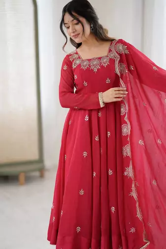 Red Color Embroidery Sequence Work Crunchy Silk Gown Set