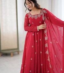 Red Color Embroidery Sequence Work Crunchy Silk Gown Set