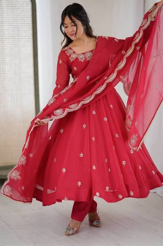 Red Color Embroidery Sequence Work Crunchy Silk Gown Set