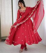 Red Color Embroidery Sequence Work Crunchy Silk Gown Set
