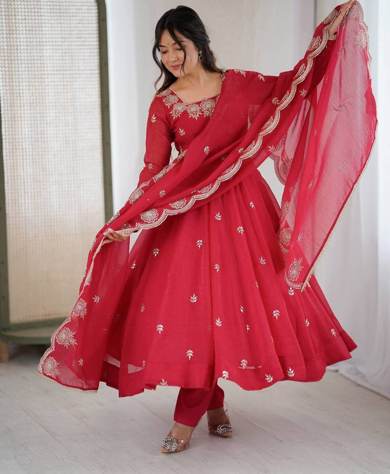 Red Color Embroidery Sequence Work Crunchy Silk Gown Set