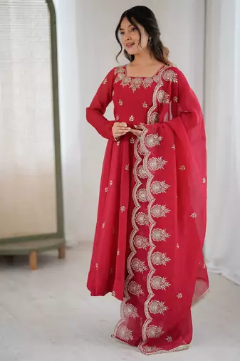 Red Color Embroidery Sequence Work Crunchy Silk Gown Set