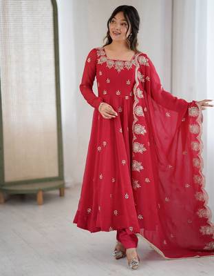Red Color Embroidery Sequence Work Crunchy Silk Gown Set 4