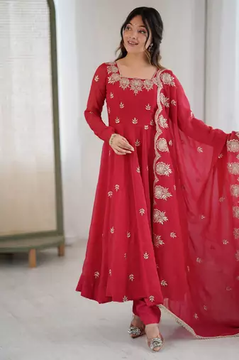 Red Color Embroidery Sequence Work Crunchy Silk Gown Set