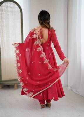 Red Color Embroidery Sequence Work Crunchy Silk Gown Set 5