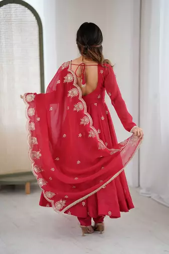 Red Color Embroidery Sequence Work Crunchy Silk Gown Set