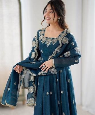 Teal Color Embroidery Sequence Work Crunchy Silk Gown Set 2
