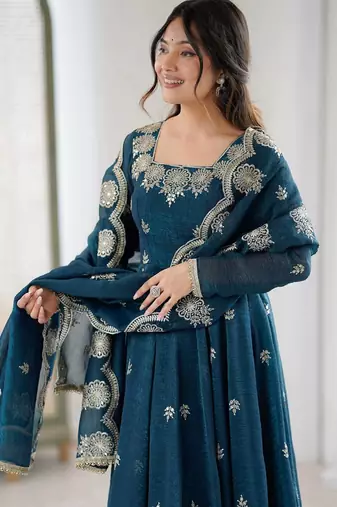 Teal Color Embroidery Sequence Work Crunchy Silk Gown Set