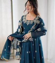 Teal Color Embroidery Sequence Work Crunchy Silk Gown Set
