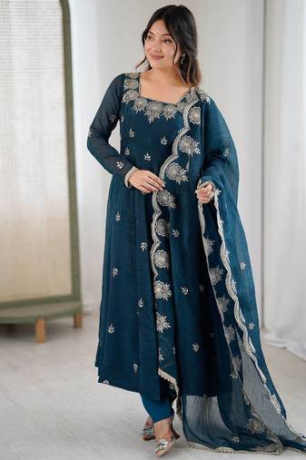 Teal Color Embroidery Sequence Work Crunchy Silk Gown Set