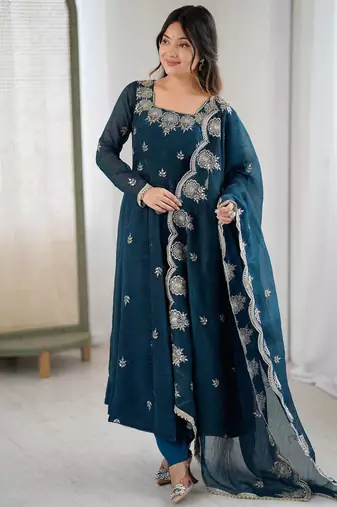 Teal Color Embroidery Sequence Work Crunchy Silk Gown Set