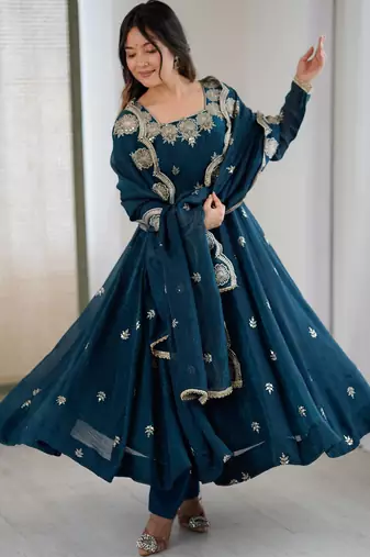Teal Color Embroidery Sequence Work Crunchy Silk Gown Set