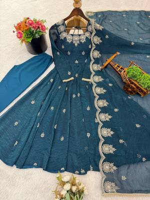Teal Color Embroidery Sequence Work Crunchy Silk Gown Set 5
