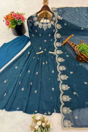 Teal Color Embroidery Sequence Work Crunchy Silk Gown Set