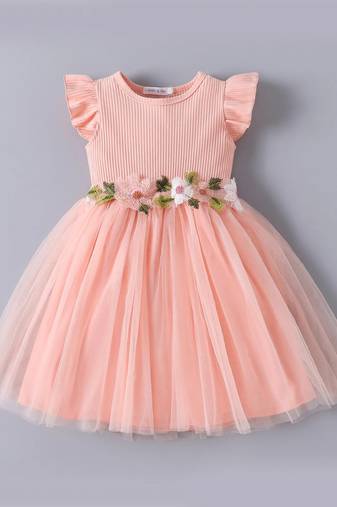 Peach floral embellished knit & tulle fit & flare kids dress