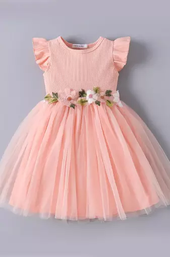 Peach floral embellished knit & tulle fit & flare kids dress
