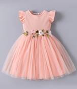 Peach floral embellished knit & tulle fit & flare kids dress
