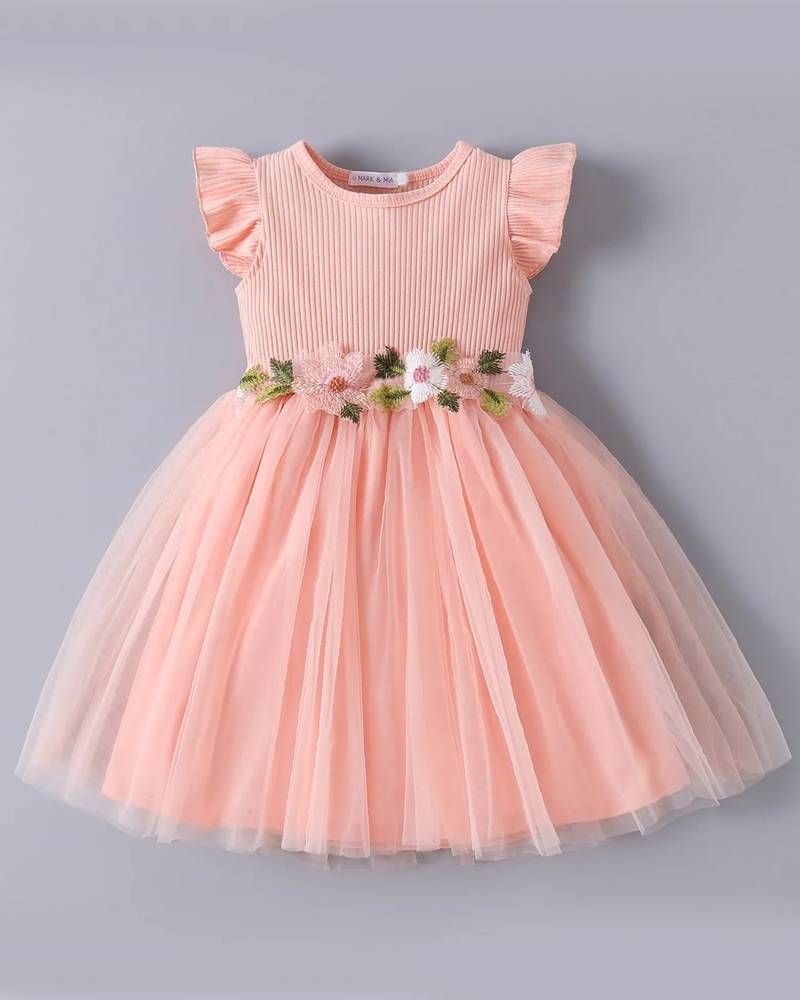 Peach floral embellished knit & tulle fit & flare kids dress