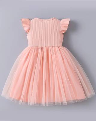 Peach floral embellished knit & tulle fit & flare kids dress 2