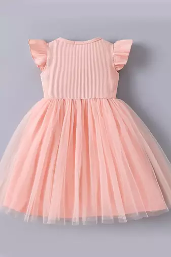 Peach floral embellished knit & tulle fit & flare kids dress