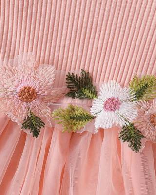 Peach floral embellished knit & tulle fit & flare kids dress 4