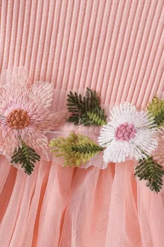 Peach floral embellished knit & tulle fit & flare kids dress