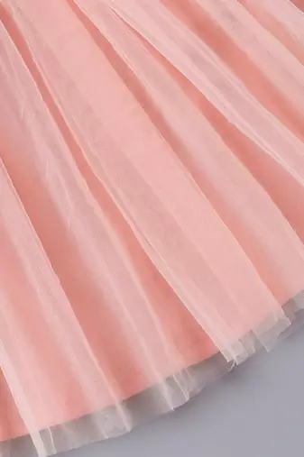 Peach floral embellished knit & tulle fit & flare kids dress